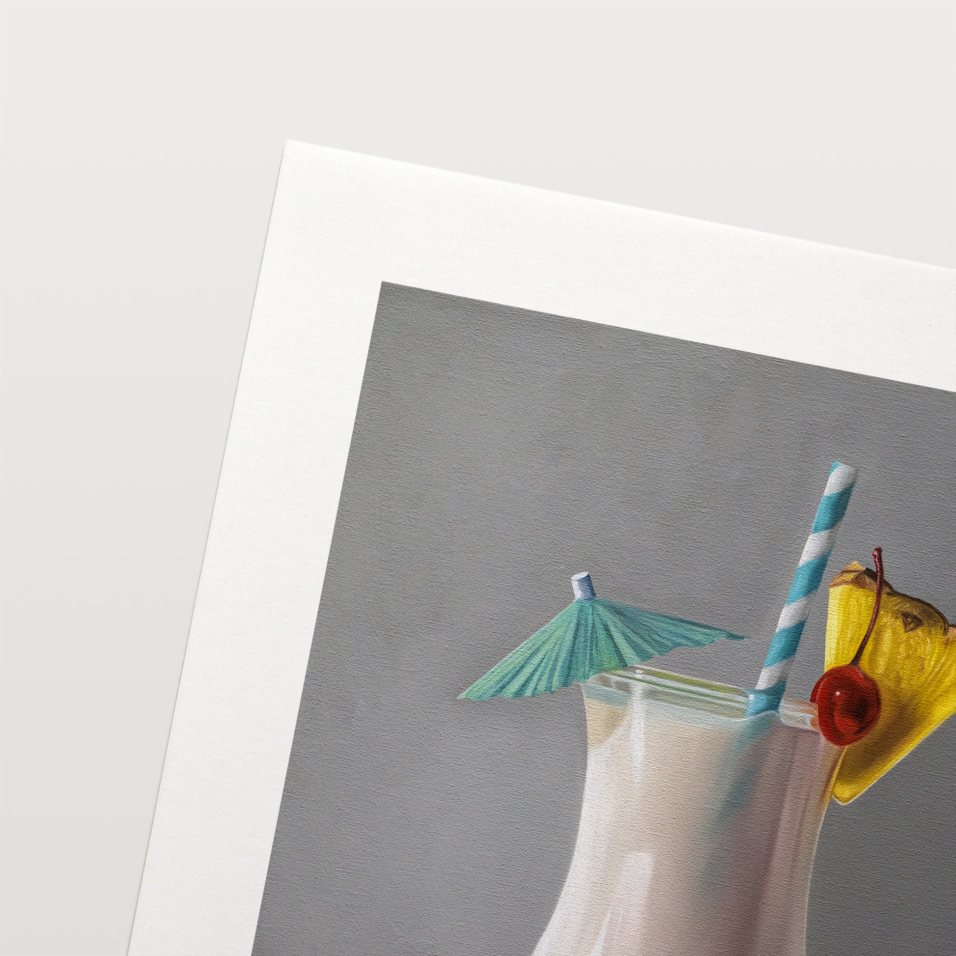 This artwork features a tropical Piña Colada cocktail decked out with a pineapple slice, maraschino cherry, umbrella and turquoise swirly straw.
