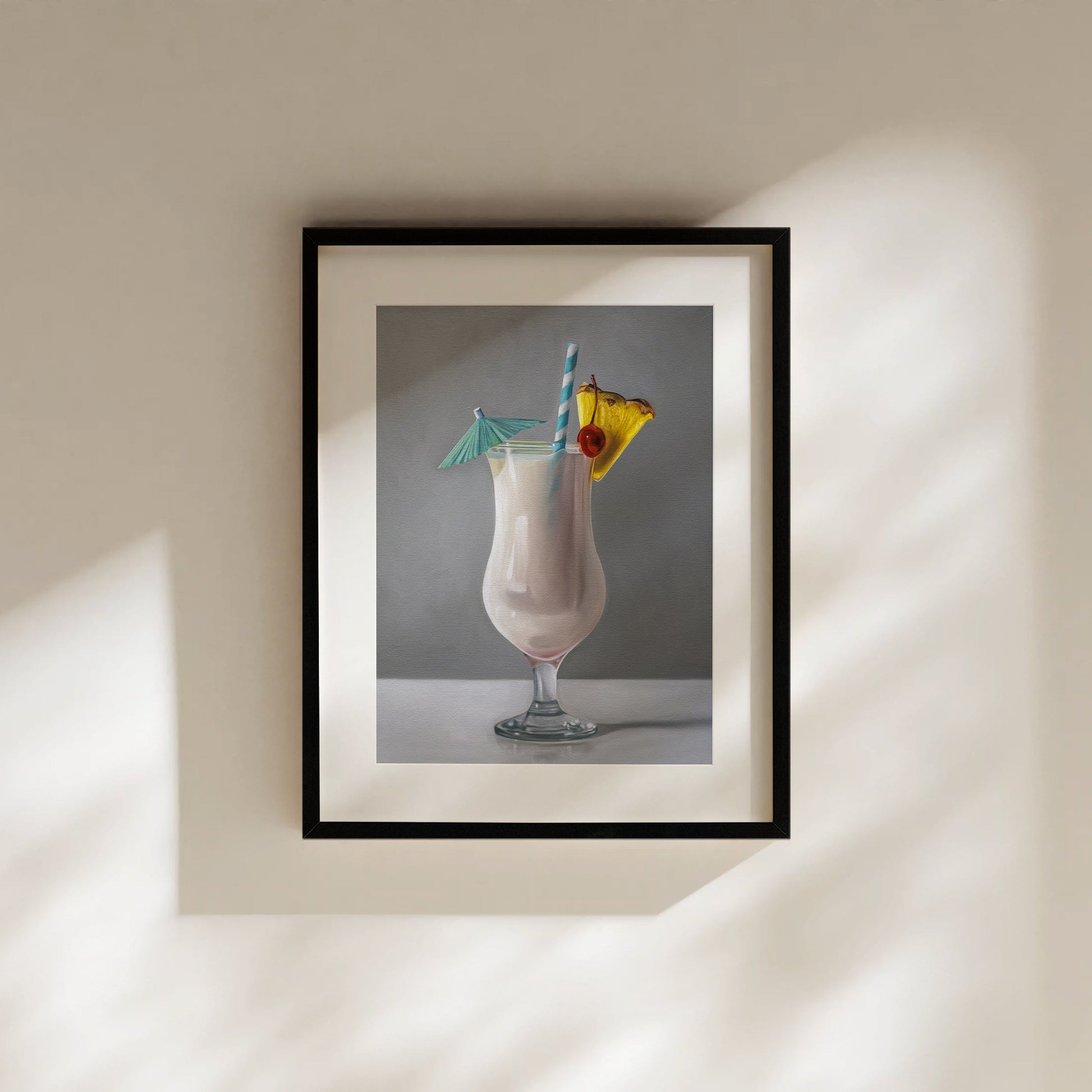 This artwork features a tropical Piña Colada cocktail decked out with a pineapple slice, maraschino cherry, umbrella and turquoise swirly straw.