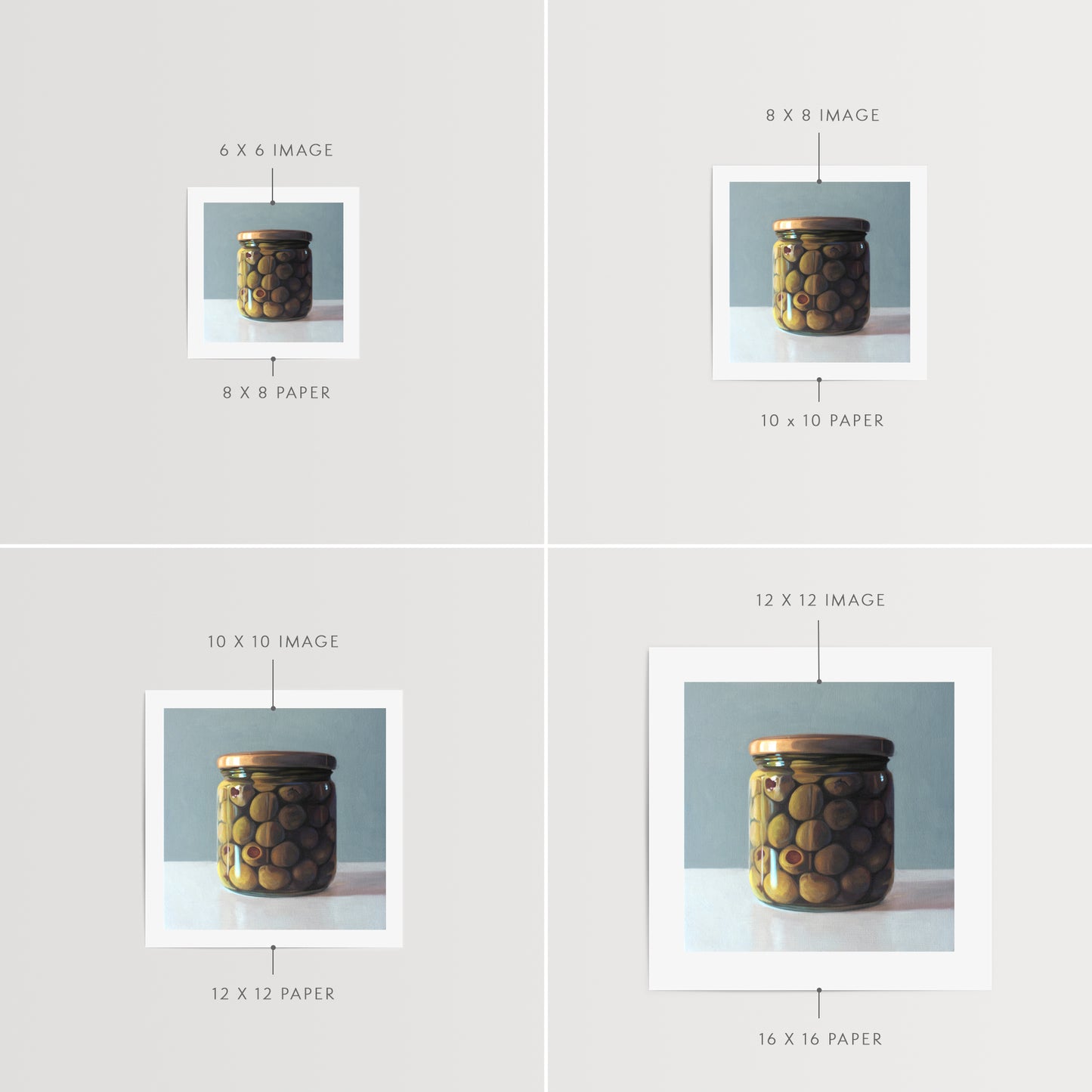 This artwork features a jar of green olives resting on a light, reflective surface with a muted blue/green background.
