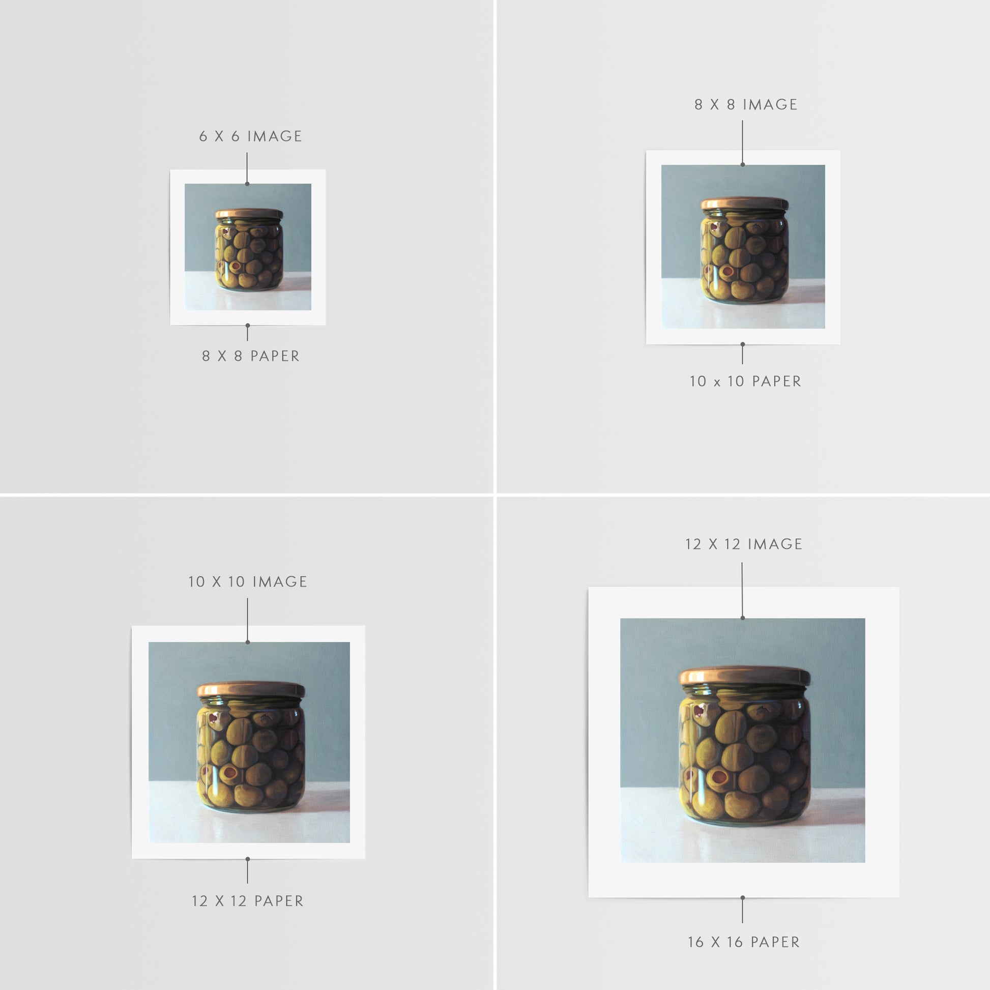 This artwork features a jar of green olives resting on a light, reflective surface with a muted blue/green background.