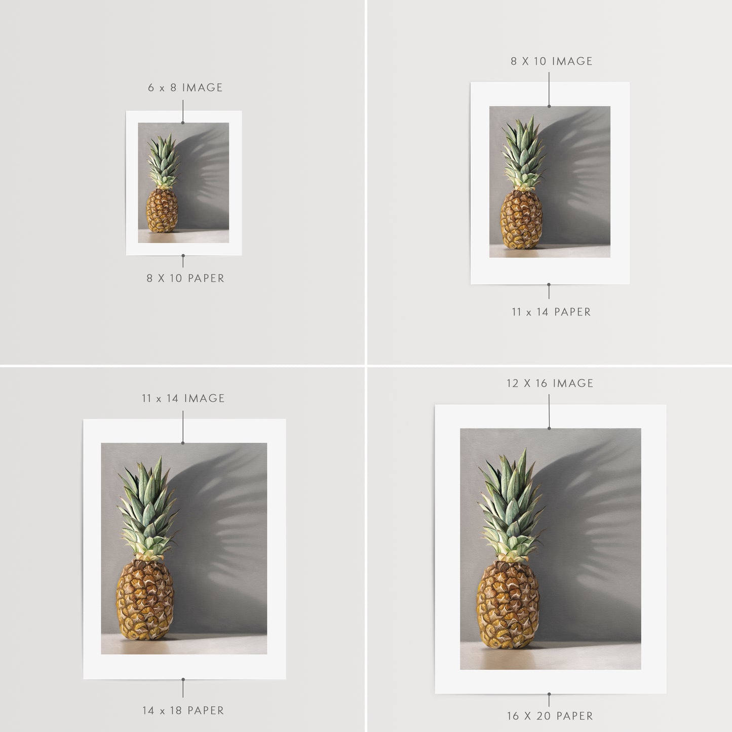 This artwork features a pineapple resting directly in front of a neutral grey wall with dramatic side-lighting creating interesting cast shadows.