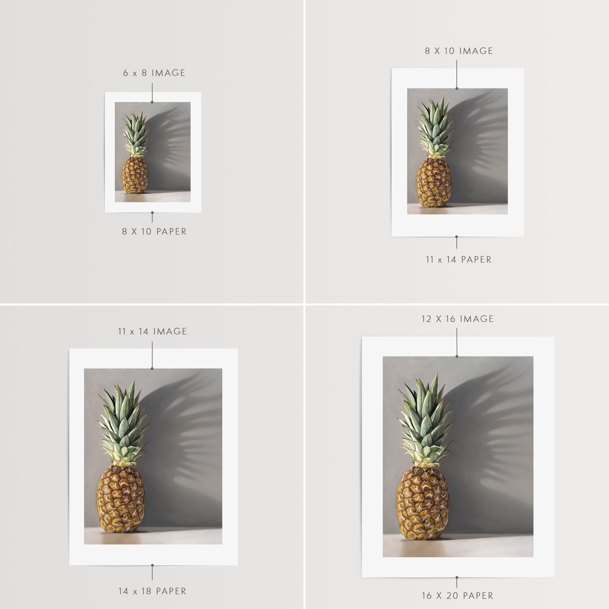 This artwork features a pineapple resting directly in front of a neutral grey wall with dramatic side-lighting creating interesting cast shadows.