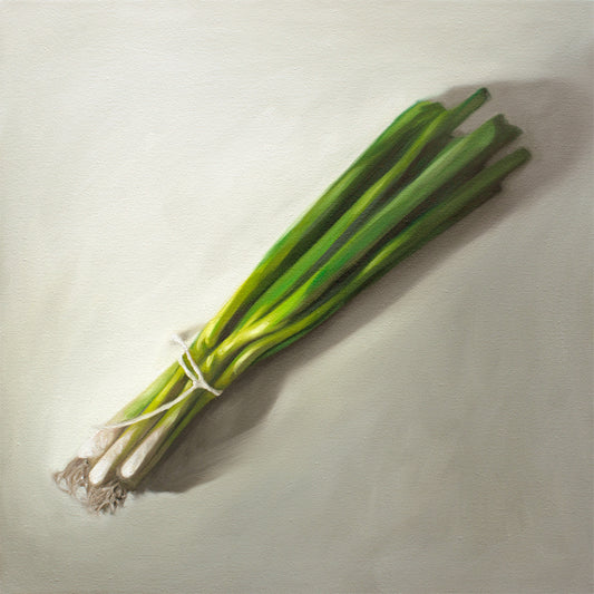 This artwork features a green onion bunch resting on a light grey surface.