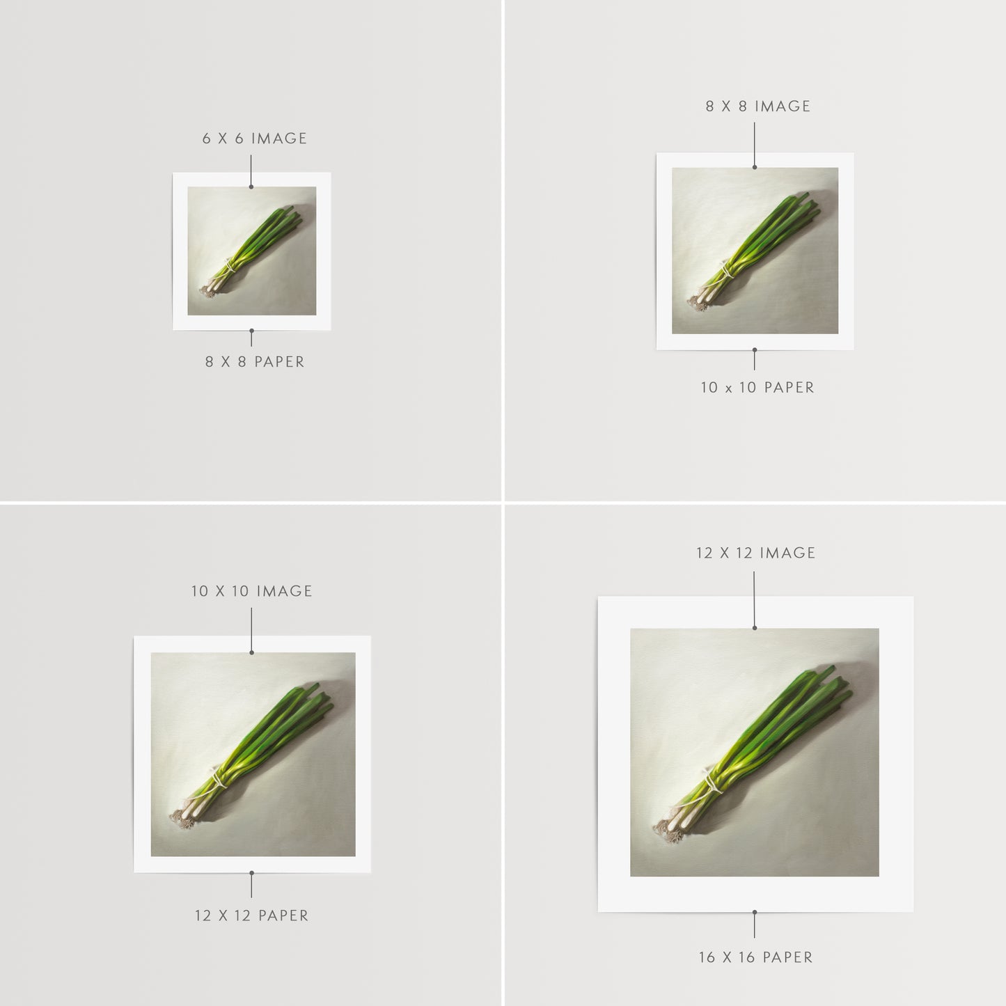 This artwork features a green onion bunch resting on a light grey surface.