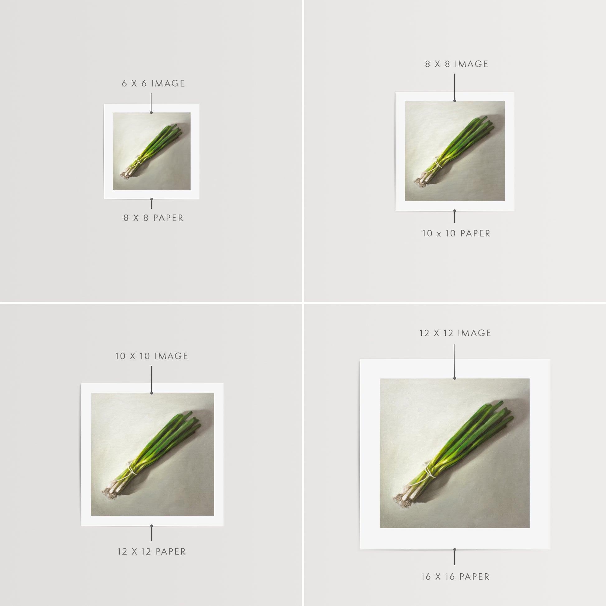 This artwork features a green onion bunch resting on a light grey surface.