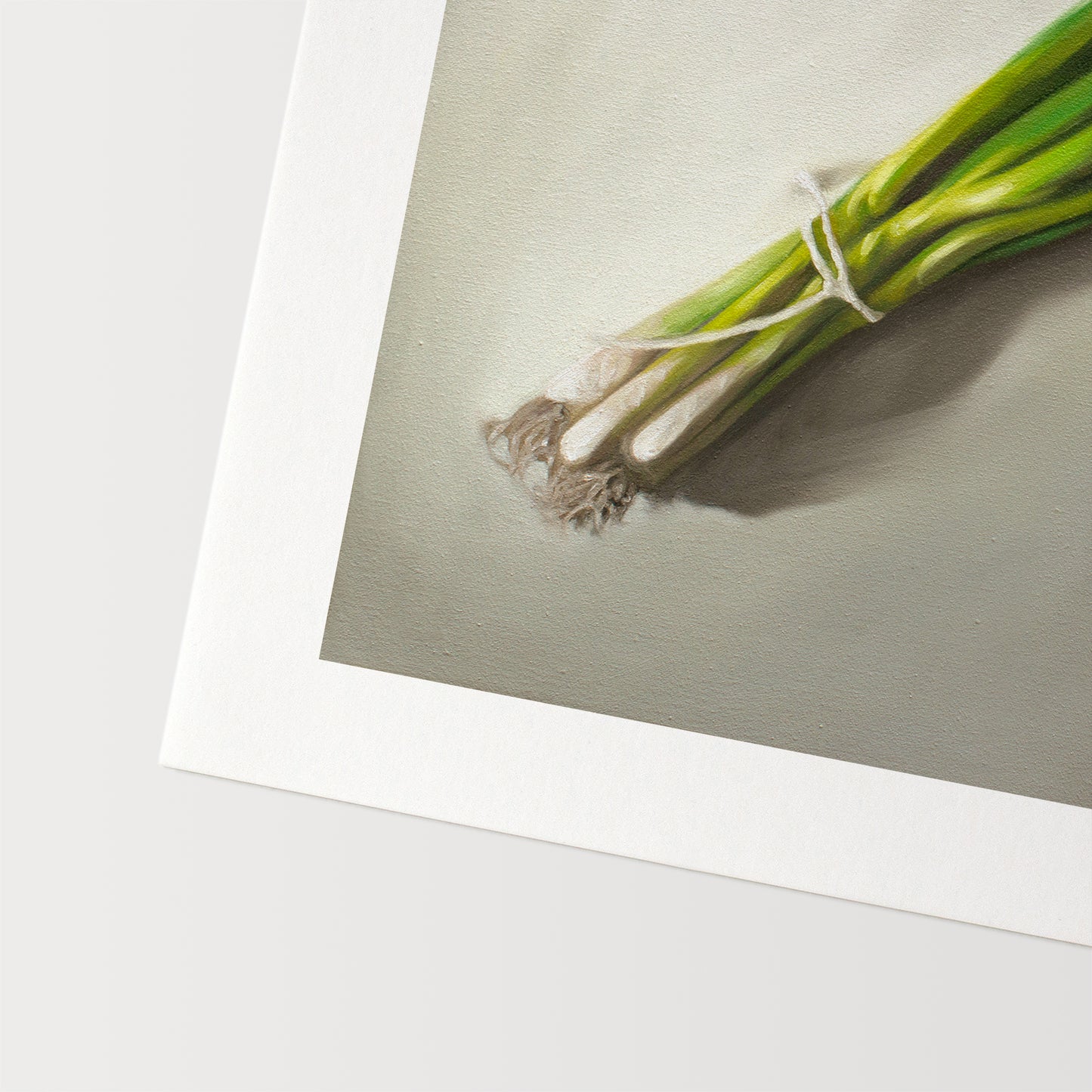 This artwork features a green onion bunch resting on a light grey surface.