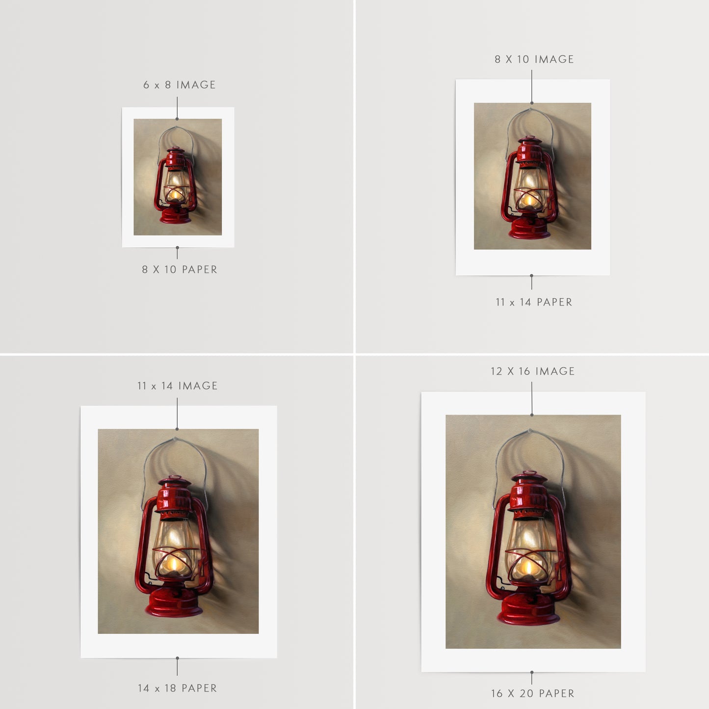 A vintage red lantern hangs from a single nail and casts a variety of interesting light and shadows upon the wall.