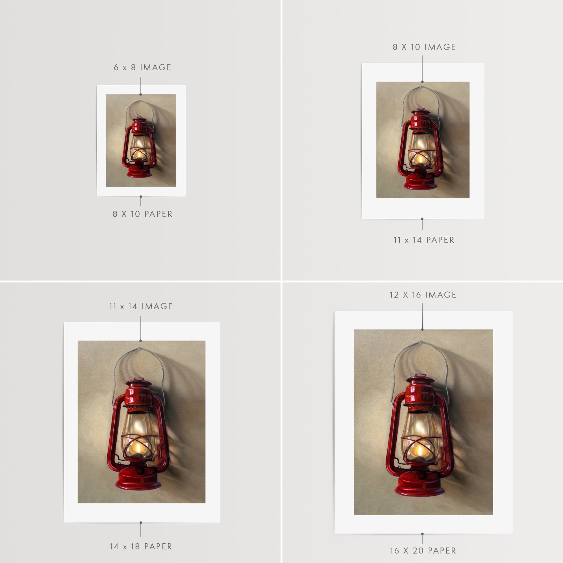 A vintage red lantern hangs from a single nail and casts a variety of interesting light and shadows upon the wall.