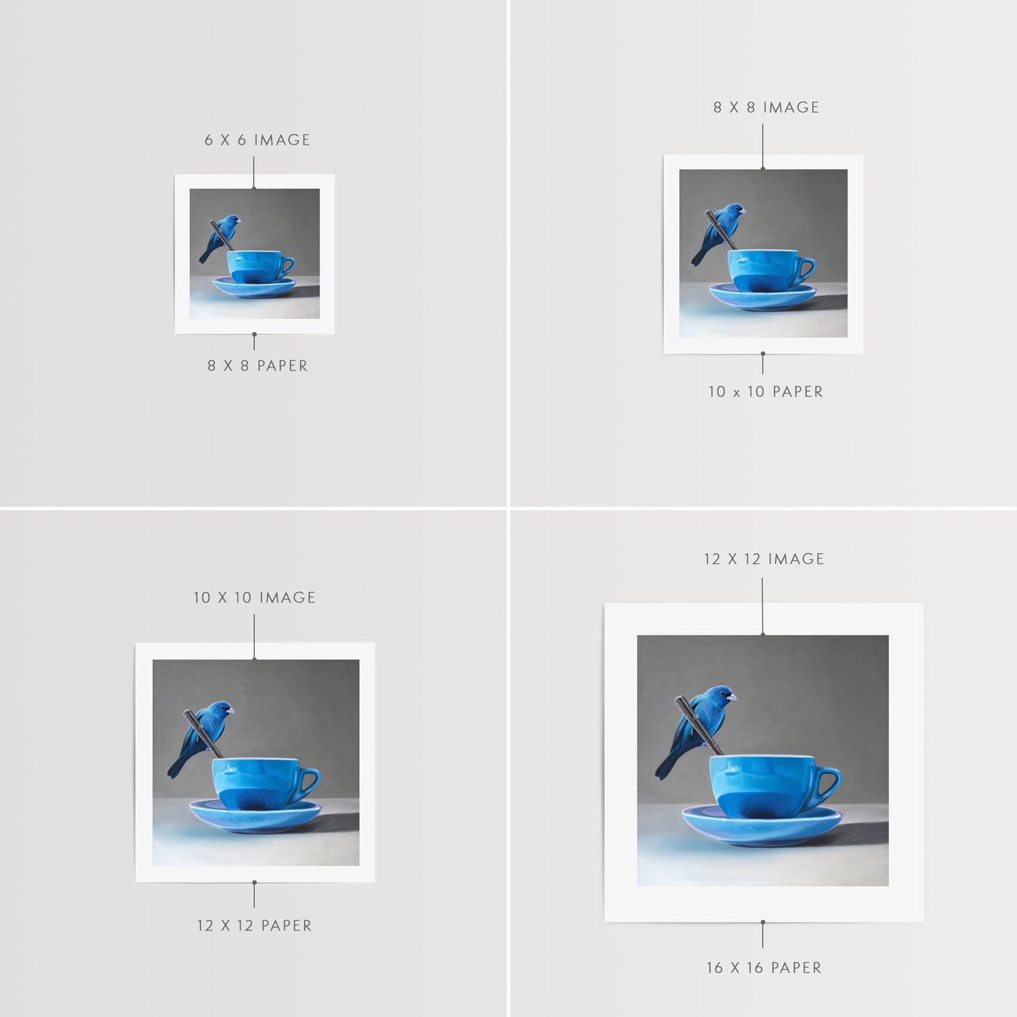 This artwork features an Indigo Bunting perched on the handle of a spoon resting on the edge of a blue cup with saucer.