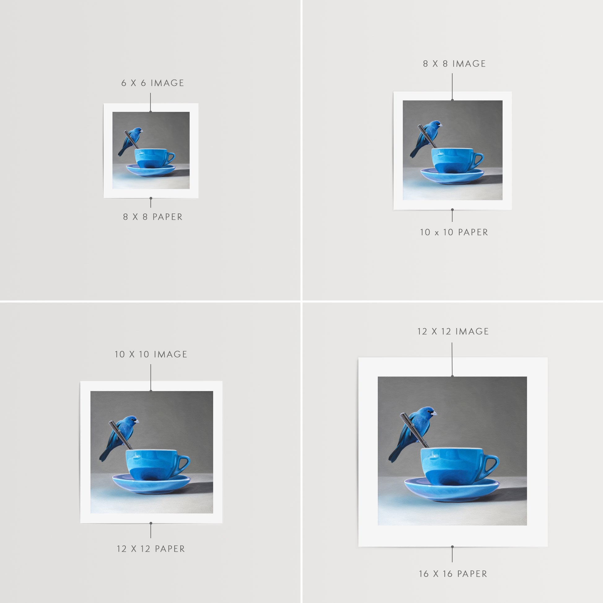 This artwork features an Indigo Bunting perched on the handle of a spoon resting on the edge of a blue cup with saucer.