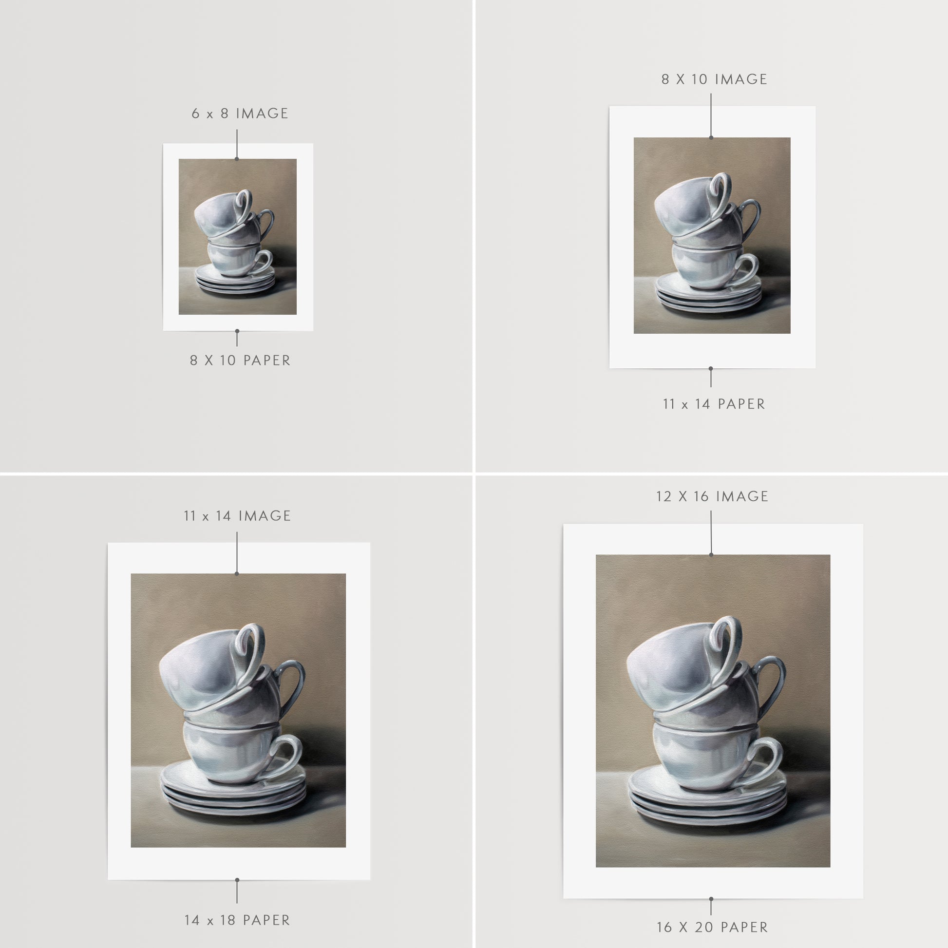 This artwork features a precariously balancing stack of porcelain cups and saucers.