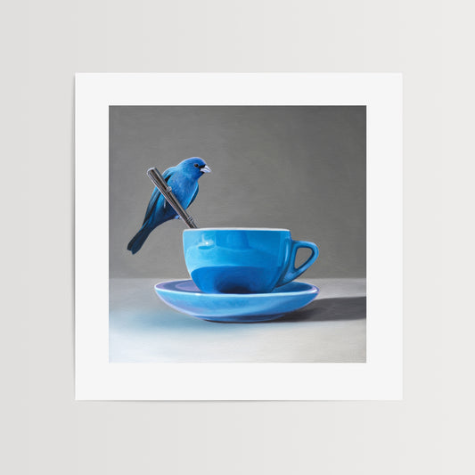 This artwork features an Indigo Bunting perched on the handle of a spoon resting on the edge of a blue cup with saucer.