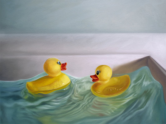 This artwork a pair of rubber duckies hitting the waves in a bathroom sink with some nice dramatic lighting.