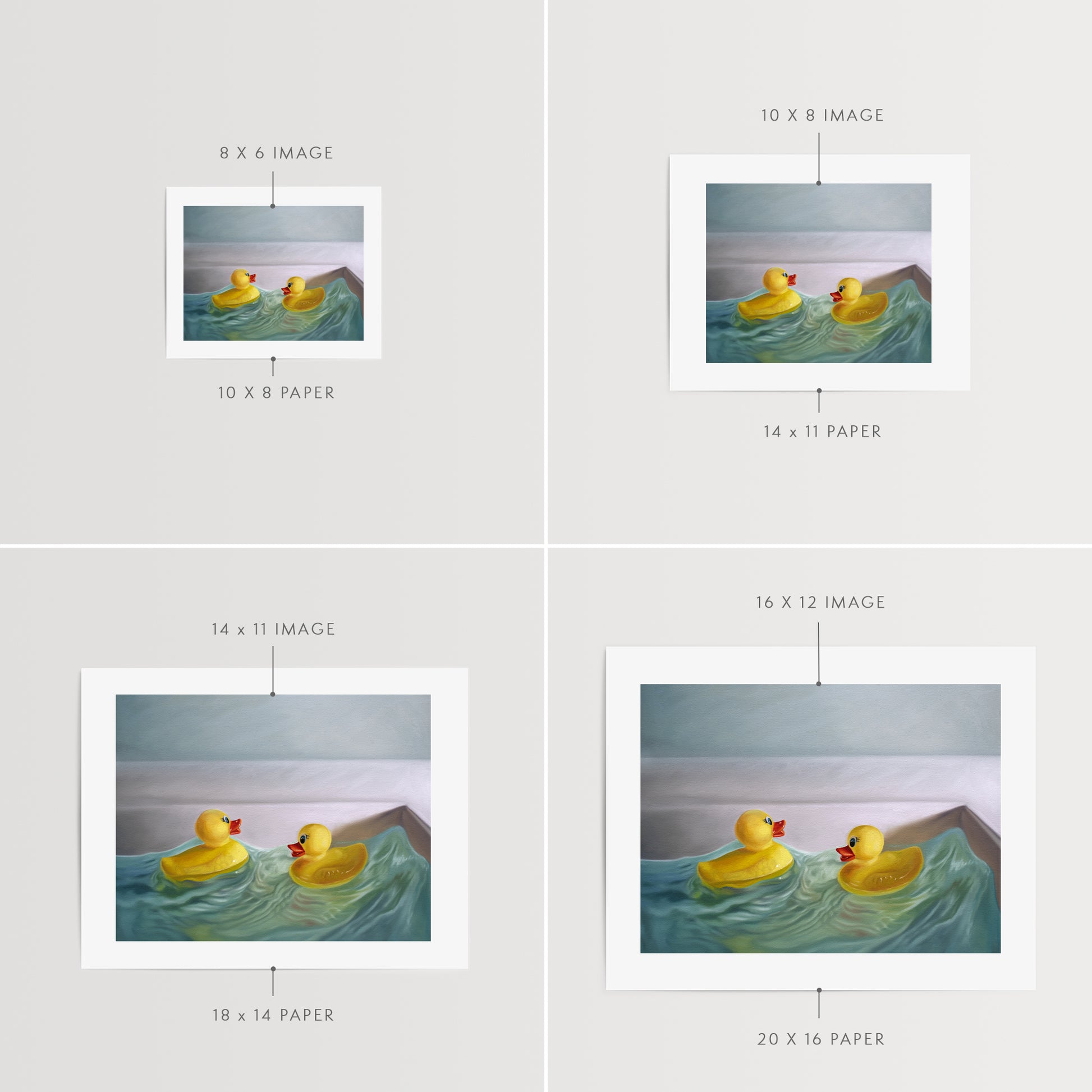 This artwork a pair of rubber duckies hitting the waves in a bathroom sink with some nice dramatic lighting.