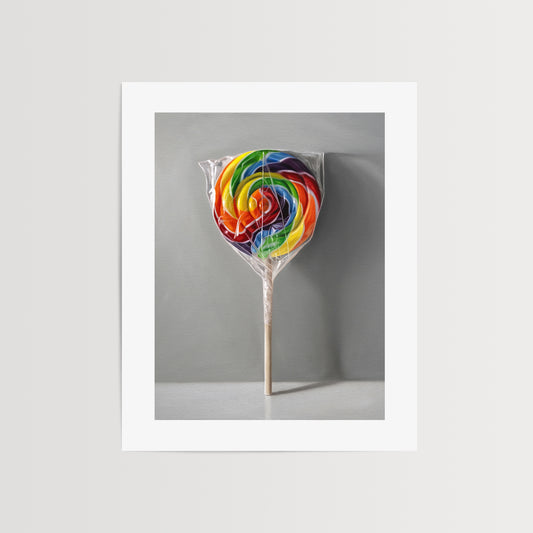 This artwork features a rainbow swirl lollipop leaning on a neutral grey wall with some nice dramatic lighting.
