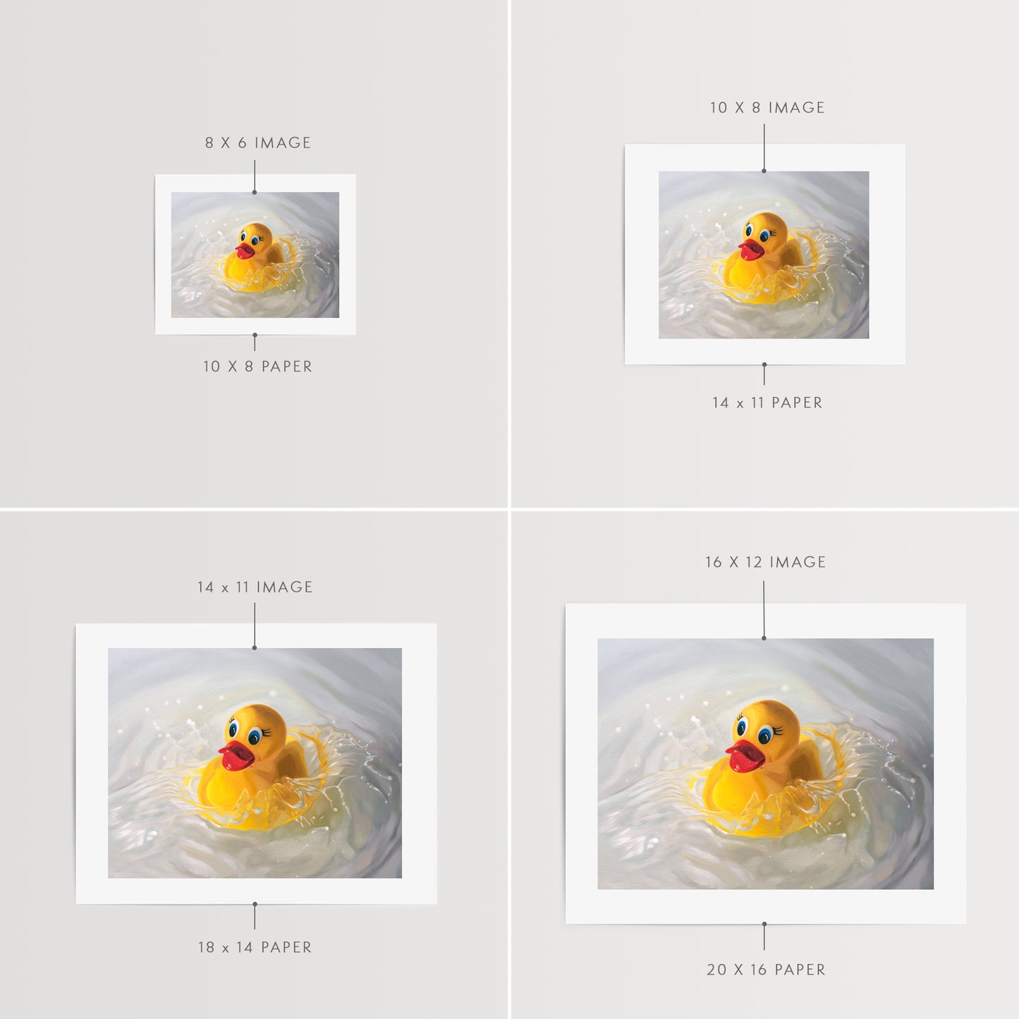 This artwork features a rubber ducky being dropped into a pool of water surrounded by ripples and splashes.