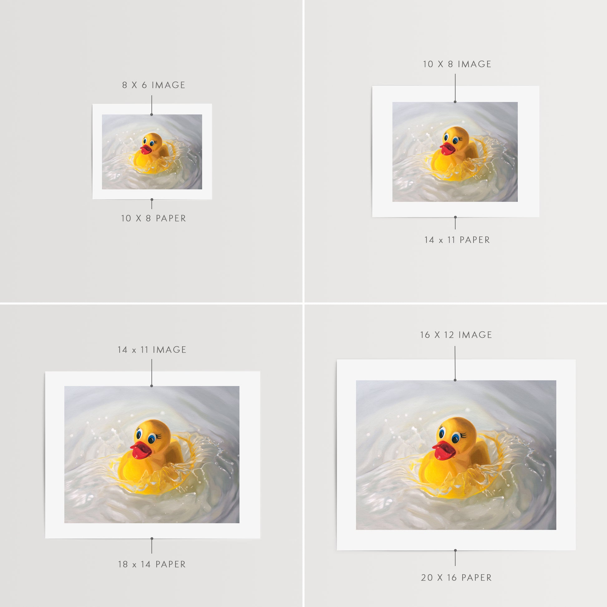 This artwork features a rubber ducky being dropped into a pool of water surrounded by ripples and splashes.