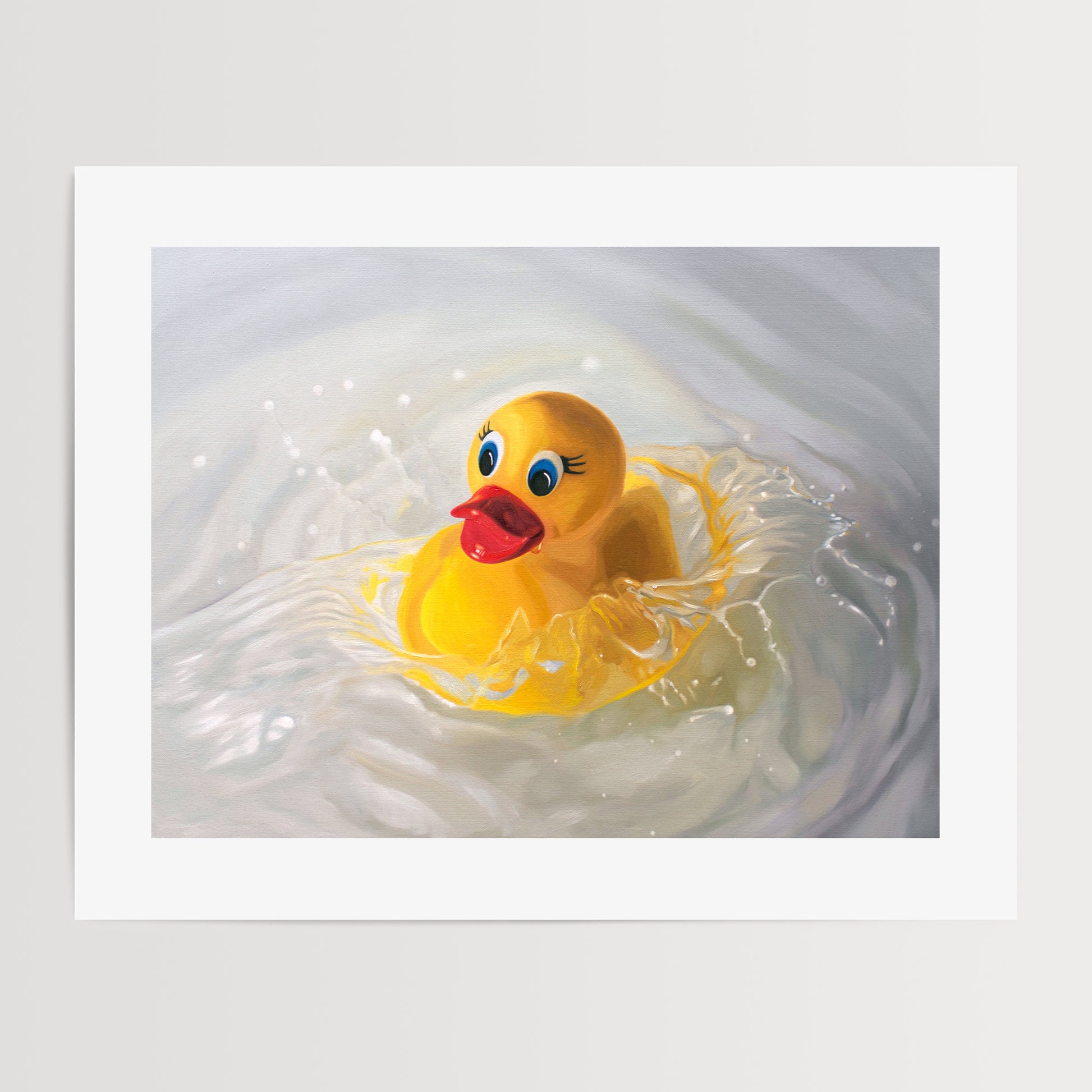 This artwork features a rubber ducky being dropped into a pool of water surrounded by ripples and splashes.