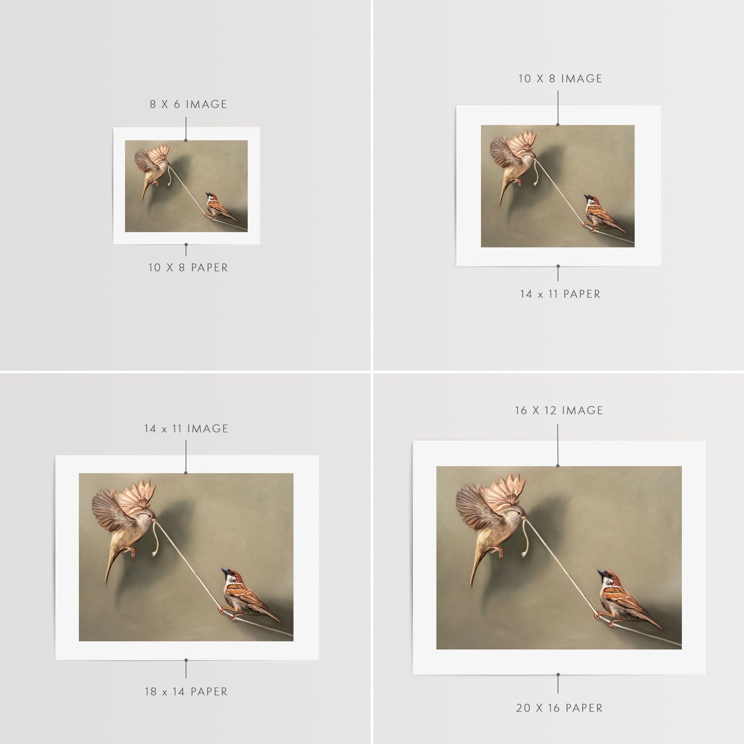 This artwork features a pair of house sparrows playing with a piece of white string