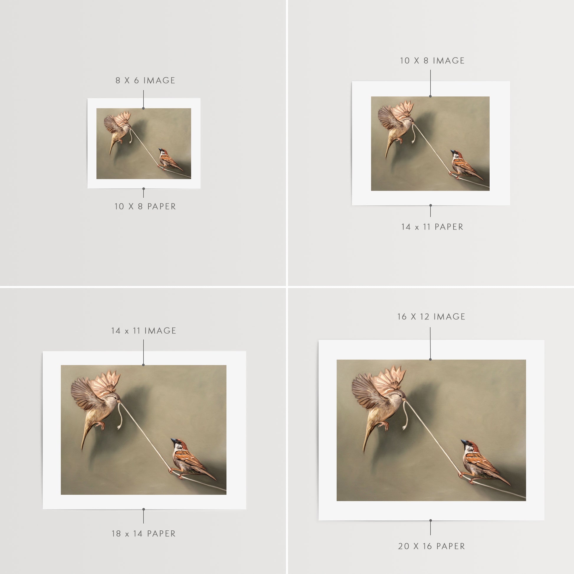 This artwork features a pair of house sparrows playing with a piece of white string