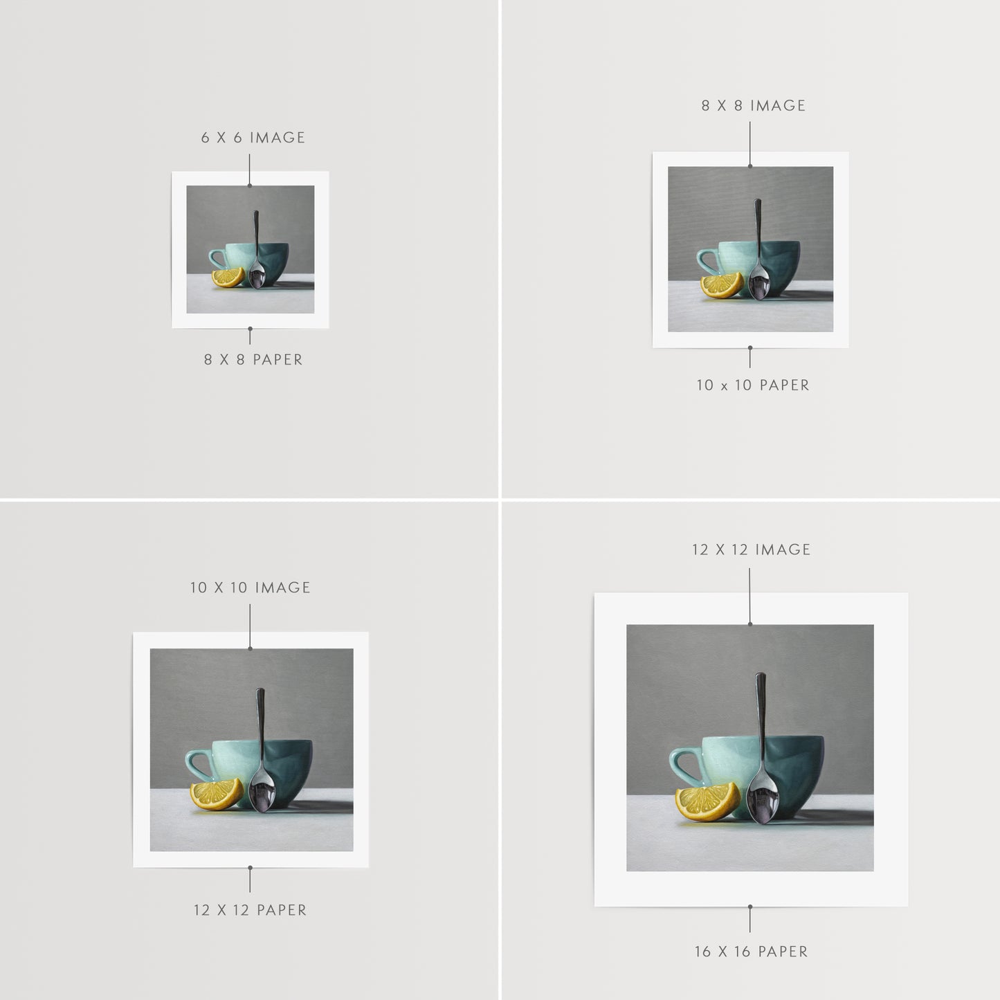 This artwork features a white lemon wedge, light blue cup and teaspoon.