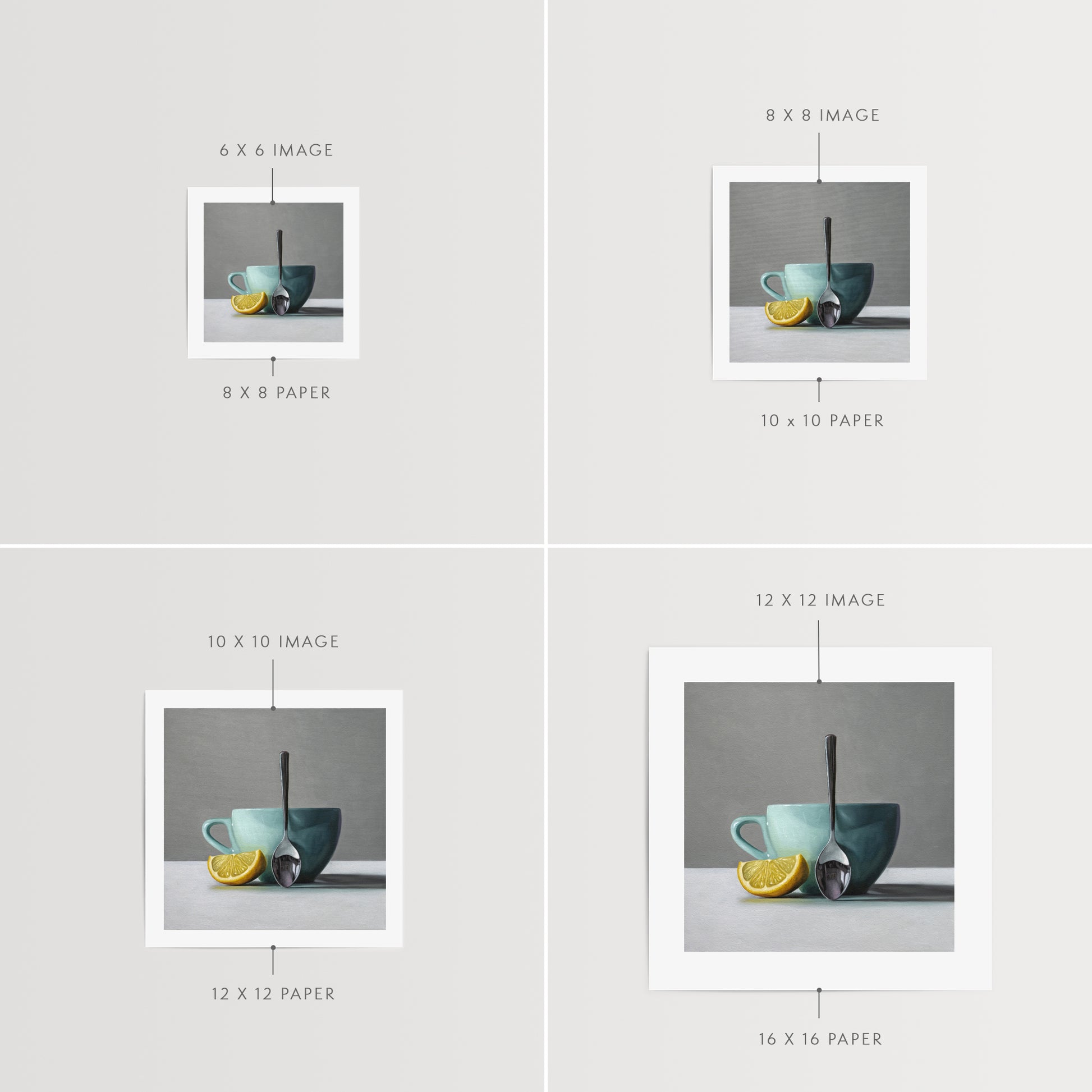 This artwork features a white lemon wedge, light blue cup and teaspoon.
