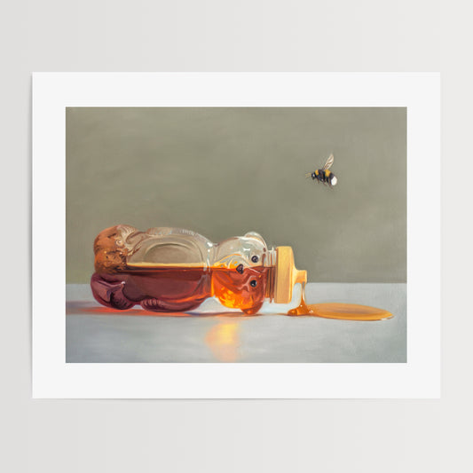 This artwork features a classic honey bear bottle tipped on its side spilling its contents while a bumble bee hovers above.