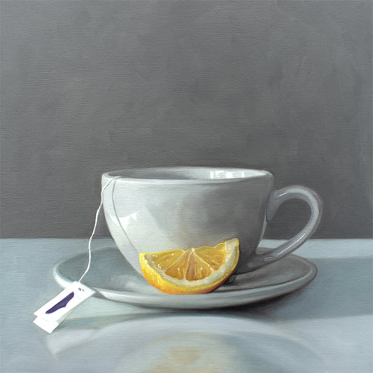 This artwork features a porcelain cup and saucer with tea and a lemon wedge.