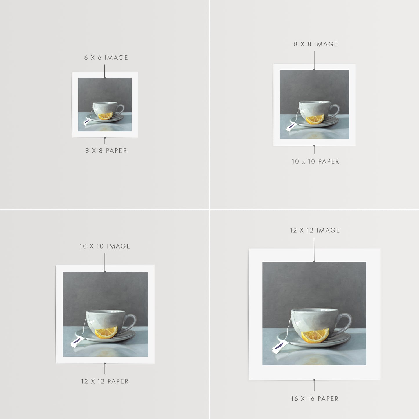 This artwork features a porcelain cup and saucer with tea and a lemon wedge.