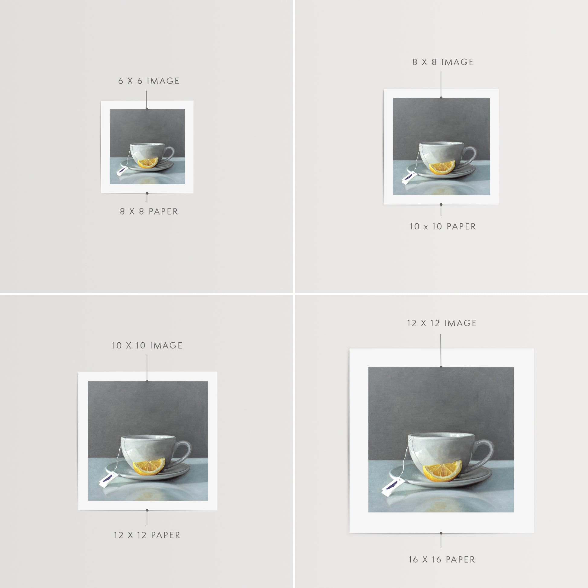 This artwork features a porcelain cup and saucer with tea and a lemon wedge.