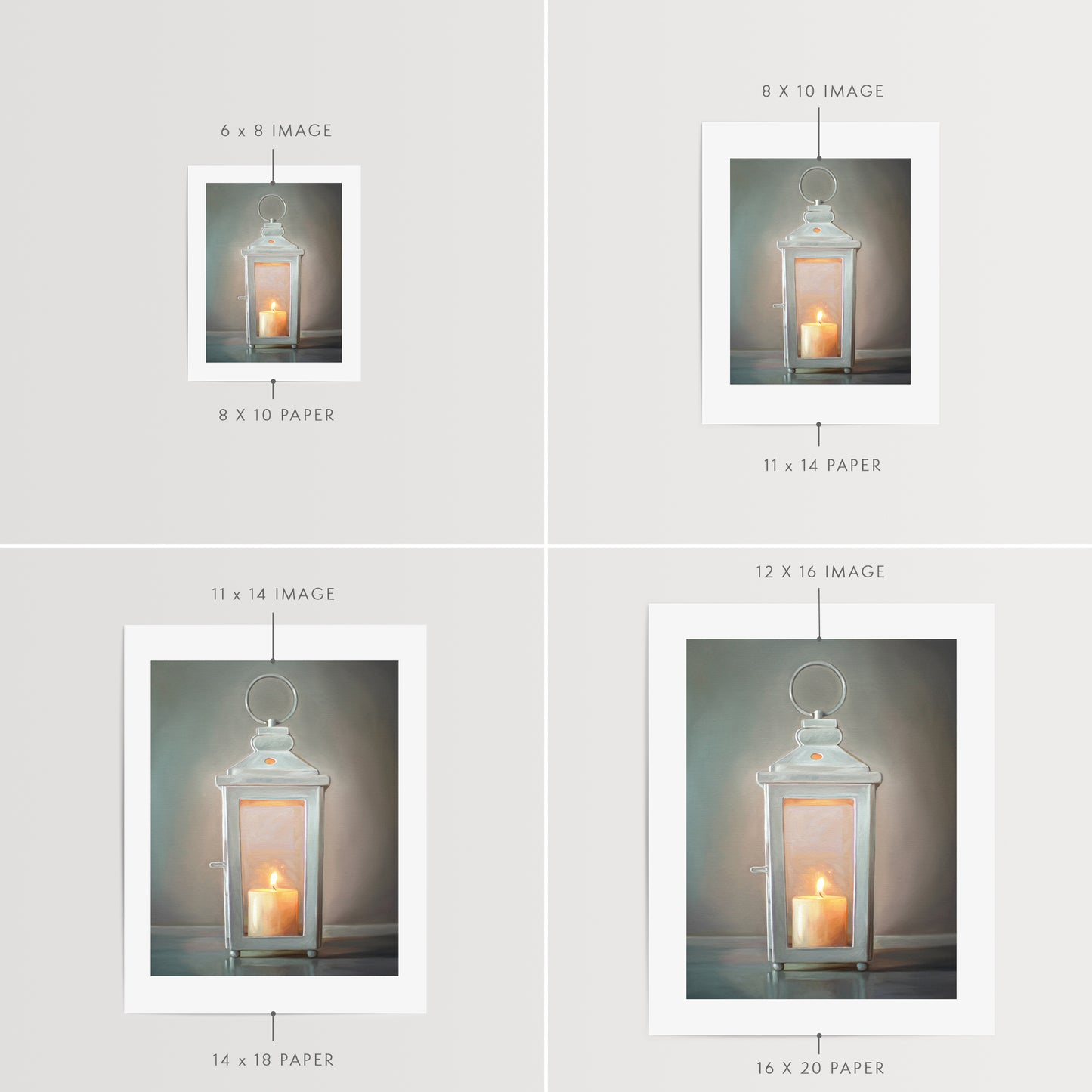 This artwork features a white lantern with a lit candle glowing on the inside.