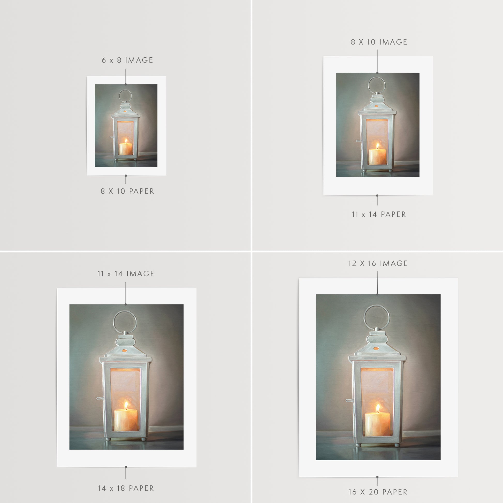 This artwork features a white lantern with a lit candle glowing on the inside.