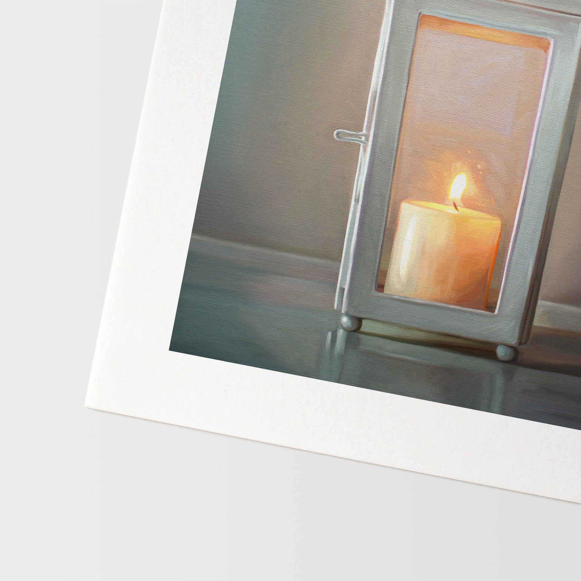 This artwork features a white lantern with a lit candle glowing on the inside.