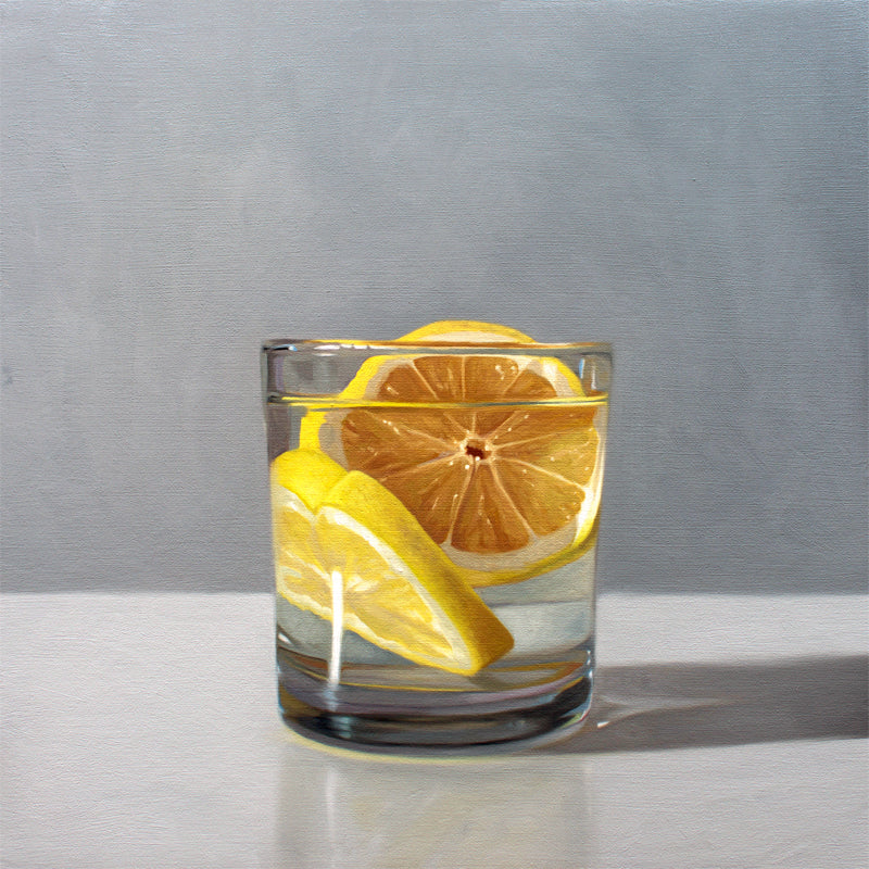 This artwork features a short glass of gin and tonic with two slices of lemon.