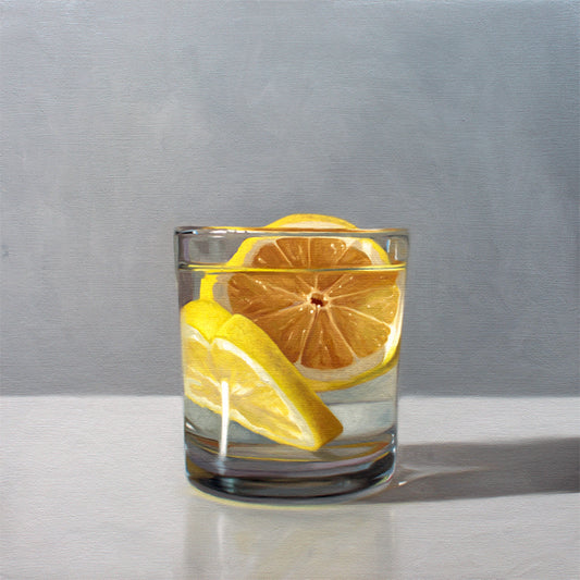 This artwork features a short glass of gin and tonic with two slices of lemon.