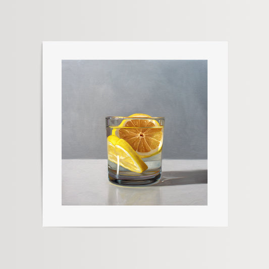 This artwork features a short glass of gin and tonic with two slices of lemon.