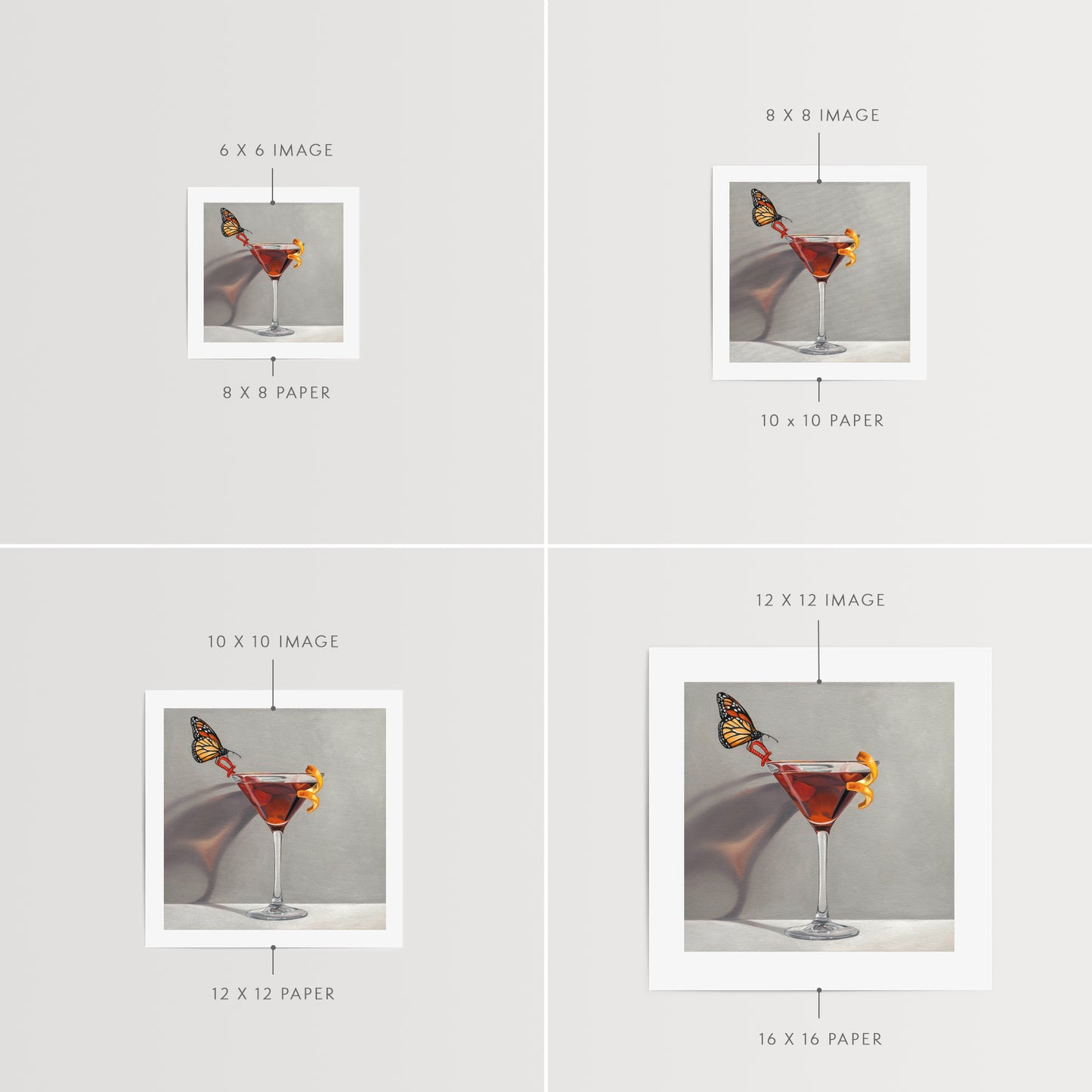 This artwork features a Monarch butterfly perched on a Manhattan cocktail with cherries and an orange twist garnish.