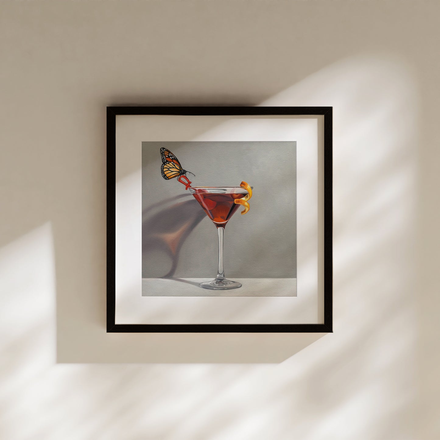 This artwork features a Monarch butterfly perched on a Manhattan cocktail with cherries and an orange twist garnish.