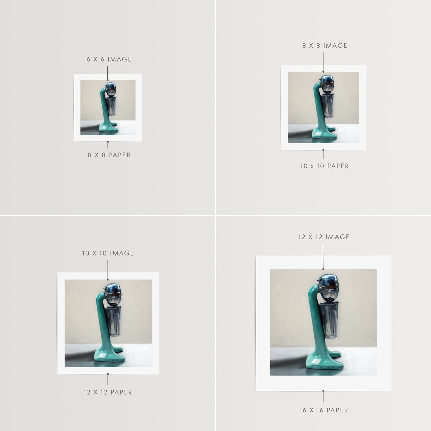 This artwork features a vintage turquoise milkshake mixer resting on a light reflective surface and grey background.