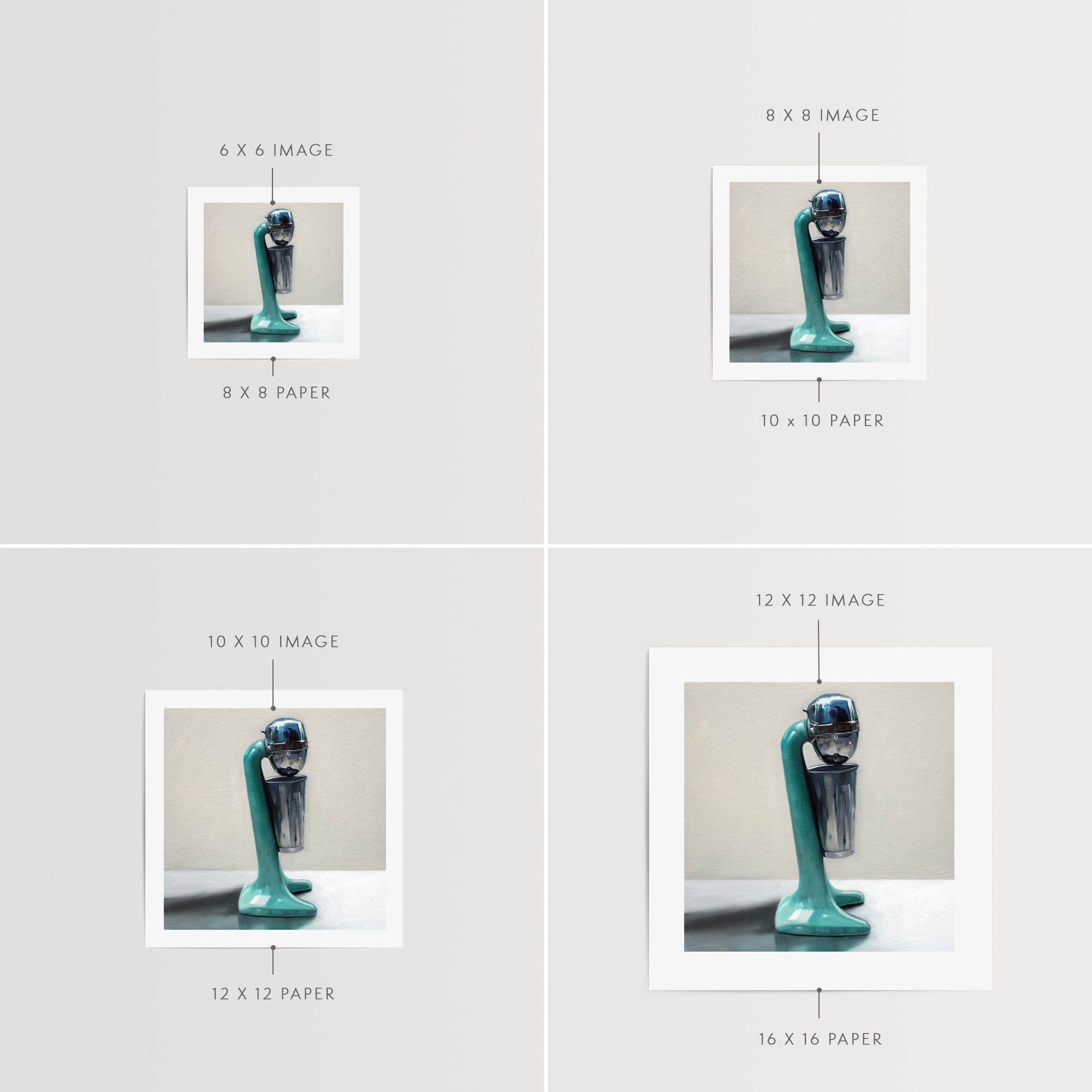 This artwork features a vintage turquoise milkshake mixer resting on a light reflective surface and grey background.