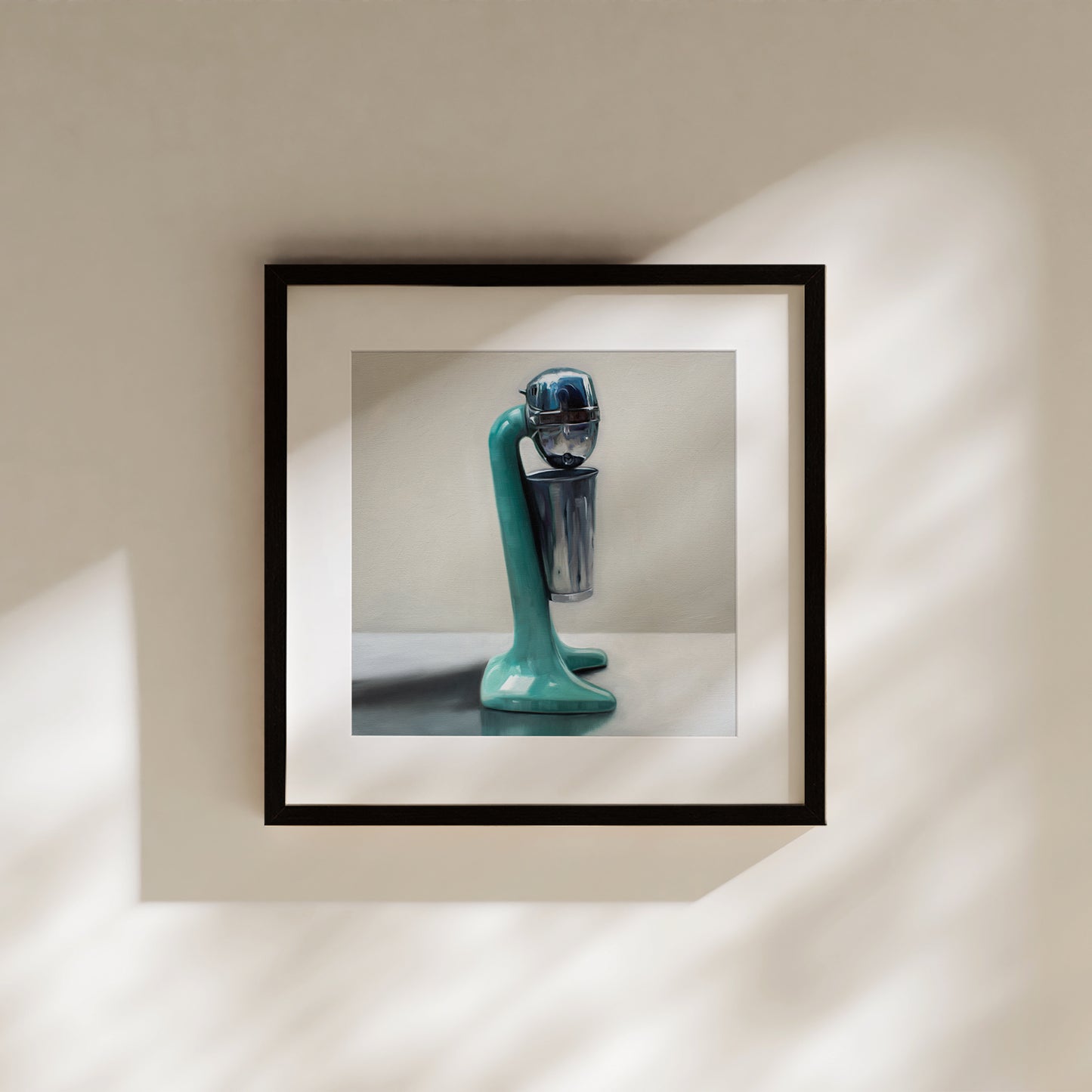 This artwork features a vintage turquoise milkshake mixer resting on a light reflective surface and grey background.