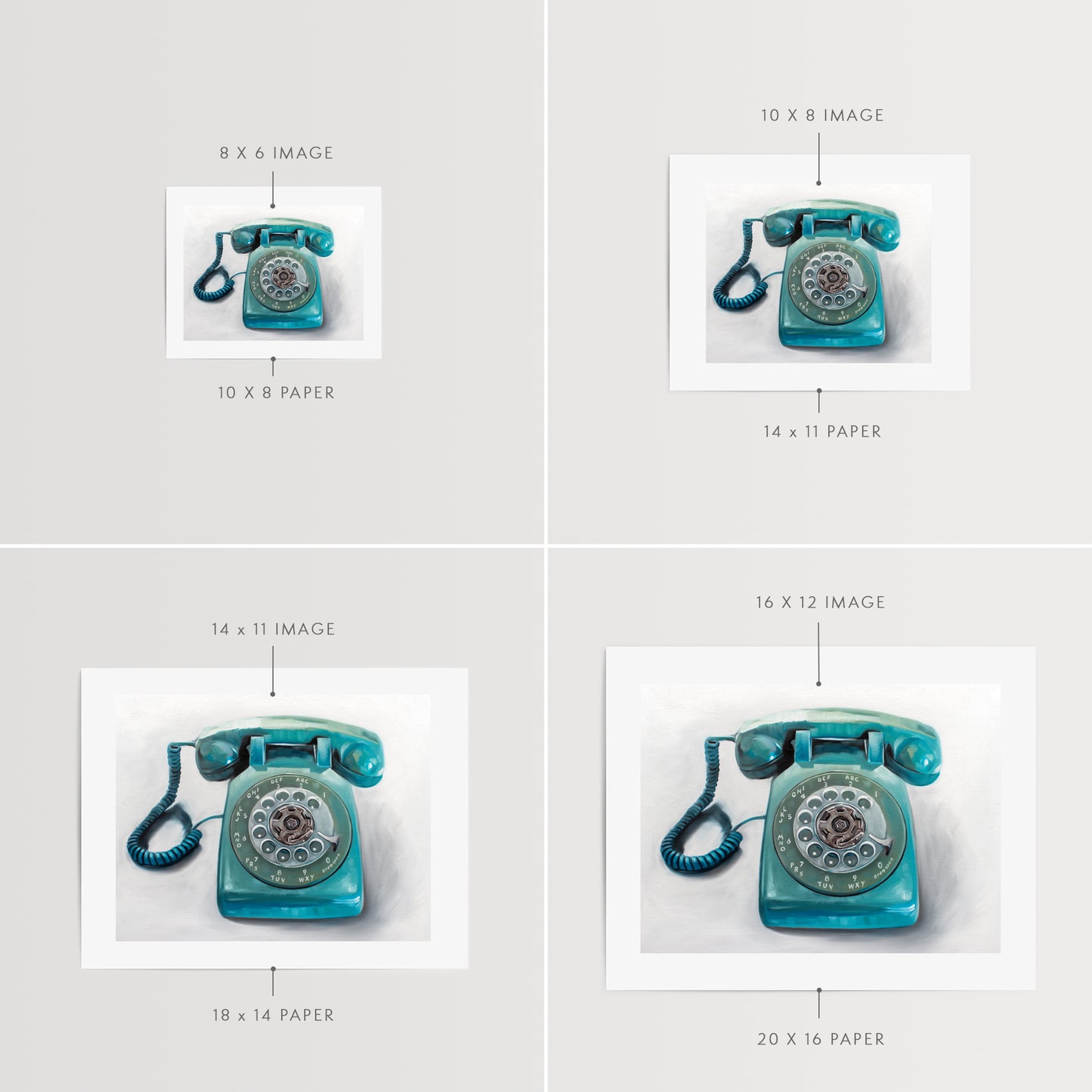 This artwork features a retro aqua rotary phone with loose painterly strokes on a white background.