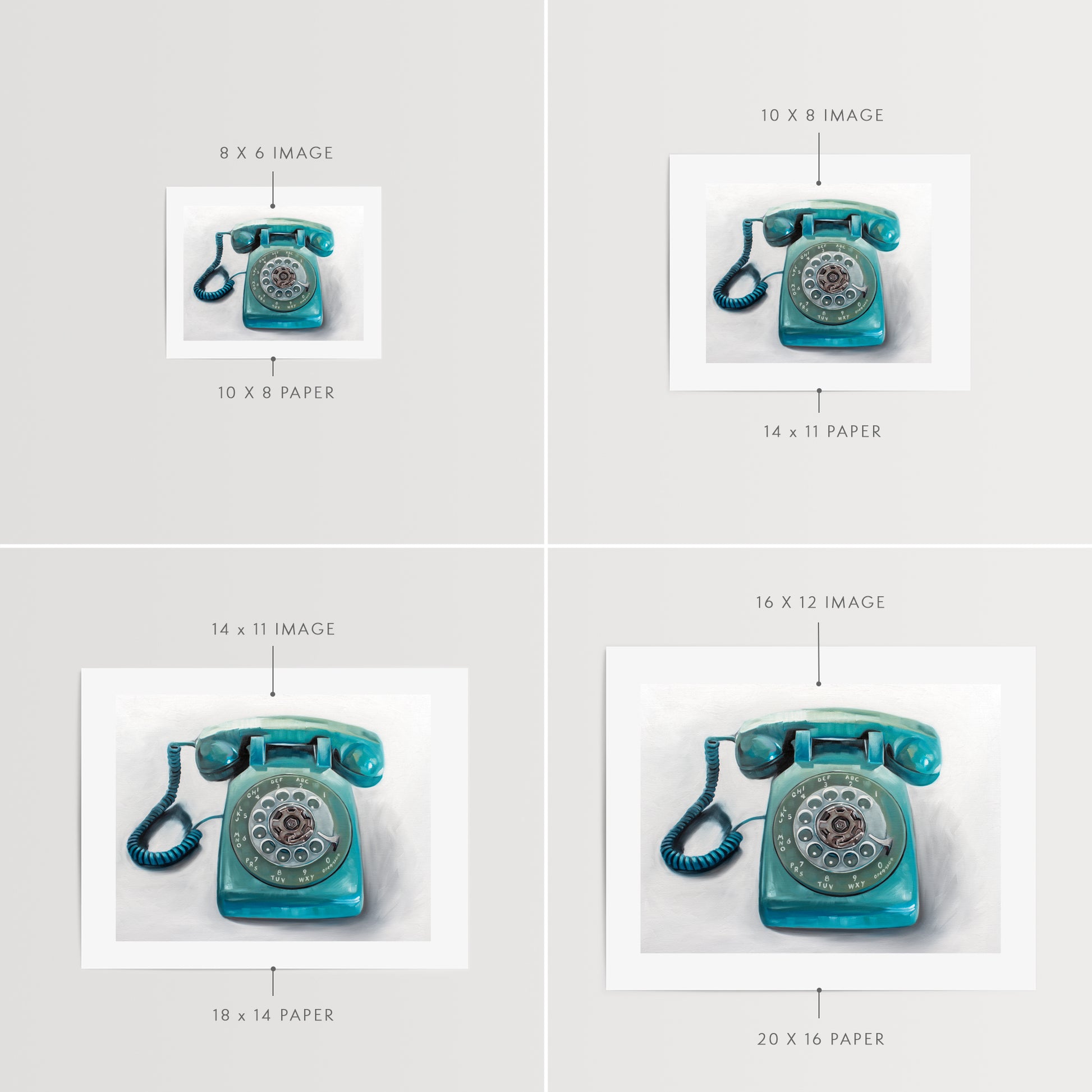 This artwork features a retro aqua rotary phone with loose painterly strokes on a white background.