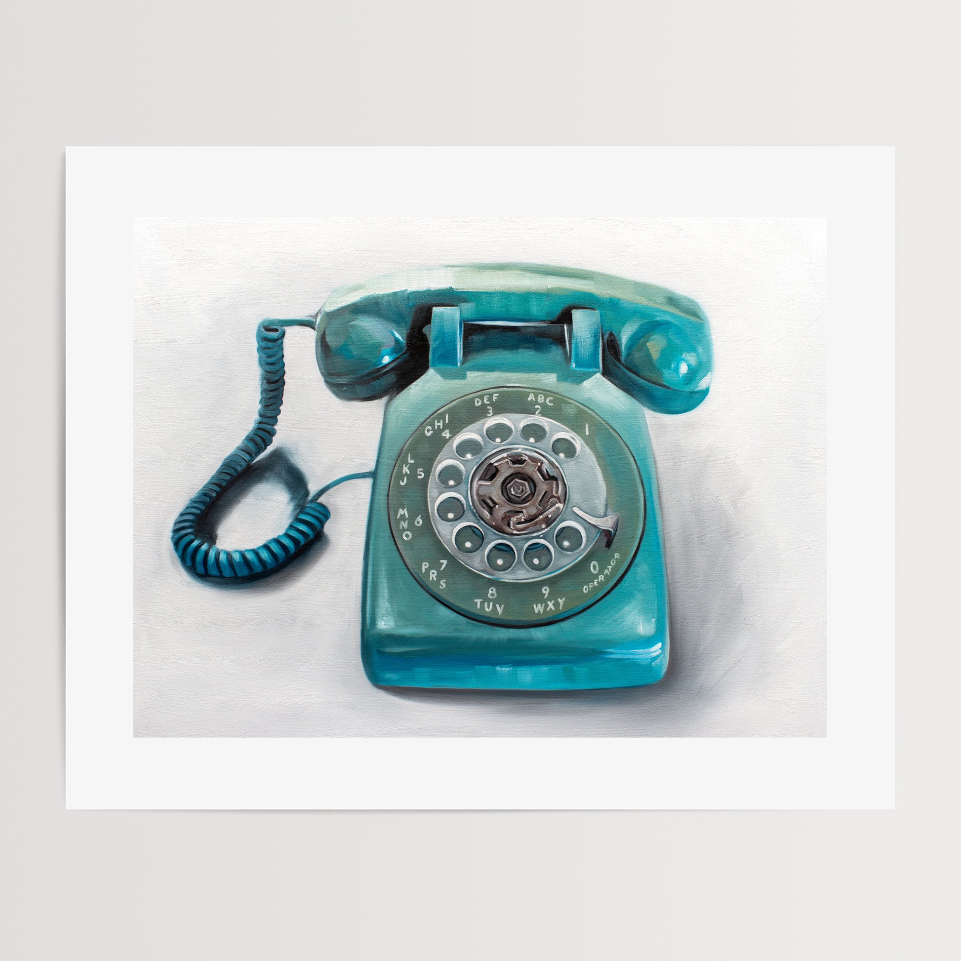 This artwork features a retro aqua rotary phone with loose painterly strokes on a white background.