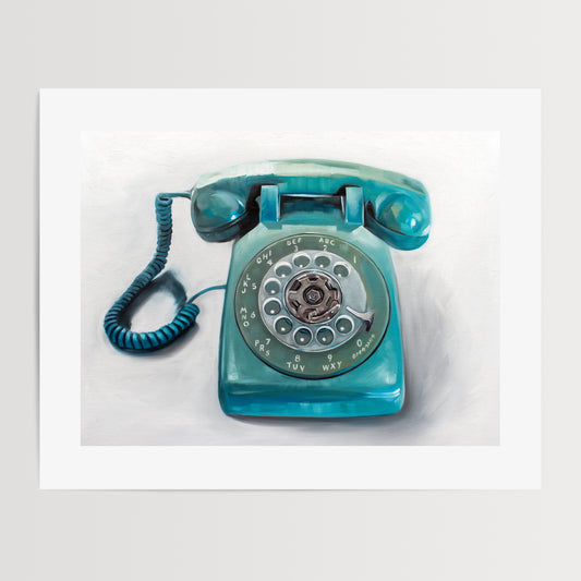 This artwork features a retro aqua rotary phone with loose painterly strokes on a white background.