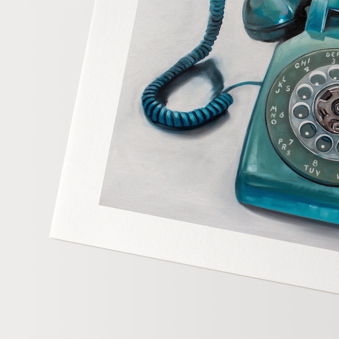 This artwork features a retro aqua rotary phone with loose painterly strokes on a white background.