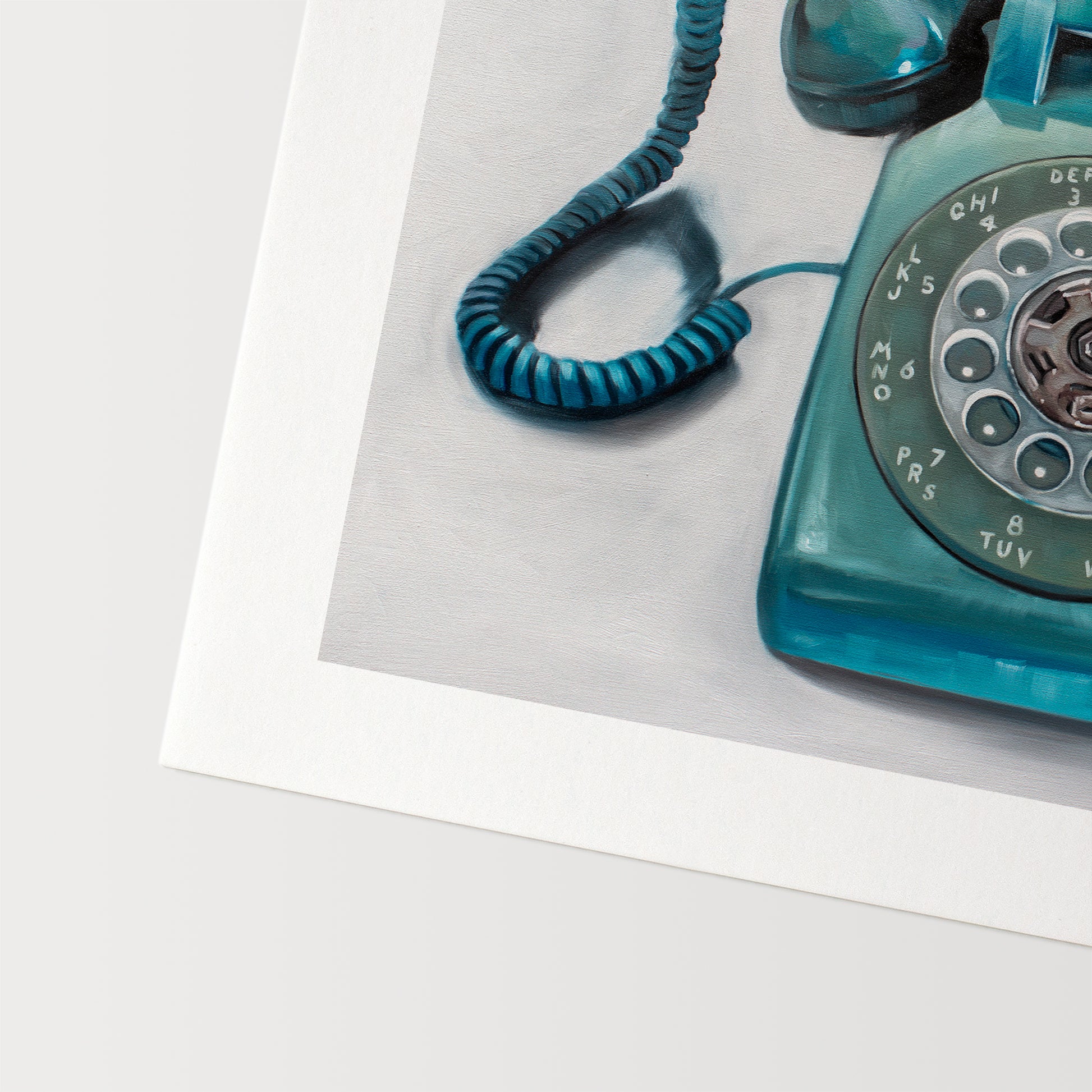 This artwork features a retro aqua rotary phone with loose painterly strokes on a white background.