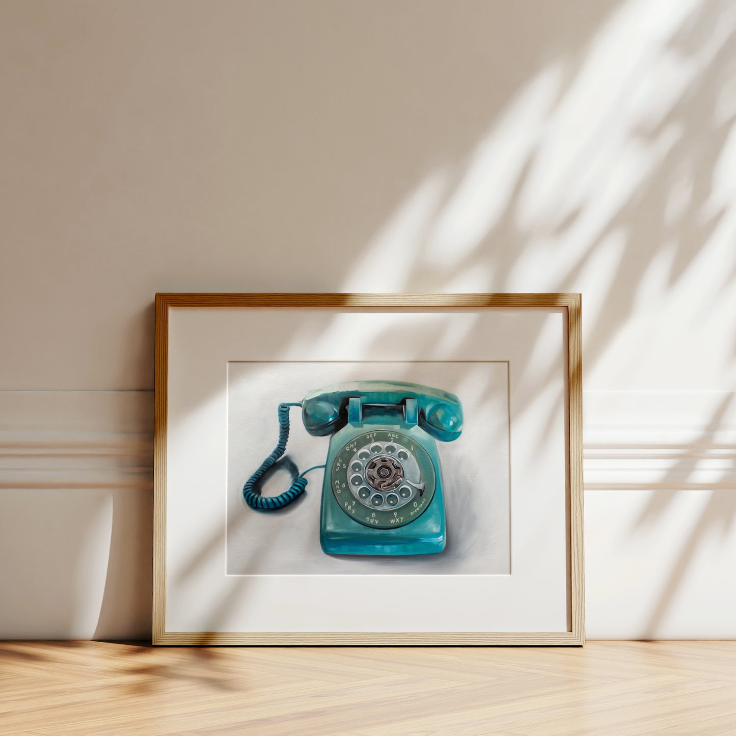 This artwork features a retro aqua rotary phone with loose painterly strokes on a white background.