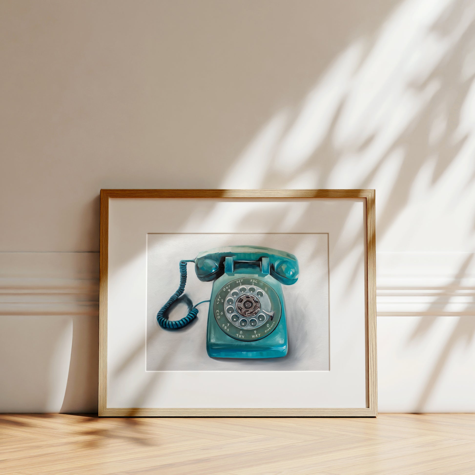 This artwork features a retro aqua rotary phone with loose painterly strokes on a white background.