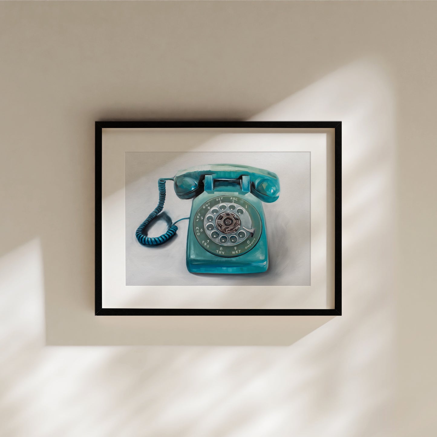 This artwork features a retro aqua rotary phone with loose painterly strokes on a white background.